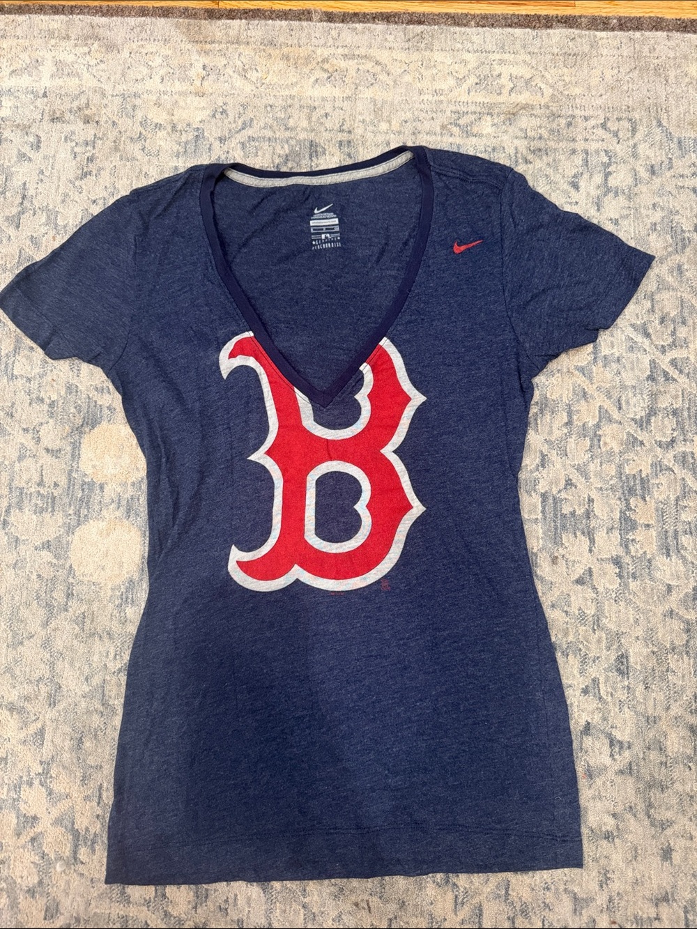 Nike Women’s Navy V-Neck Tee with Red and White Boston Red Sox B Logo